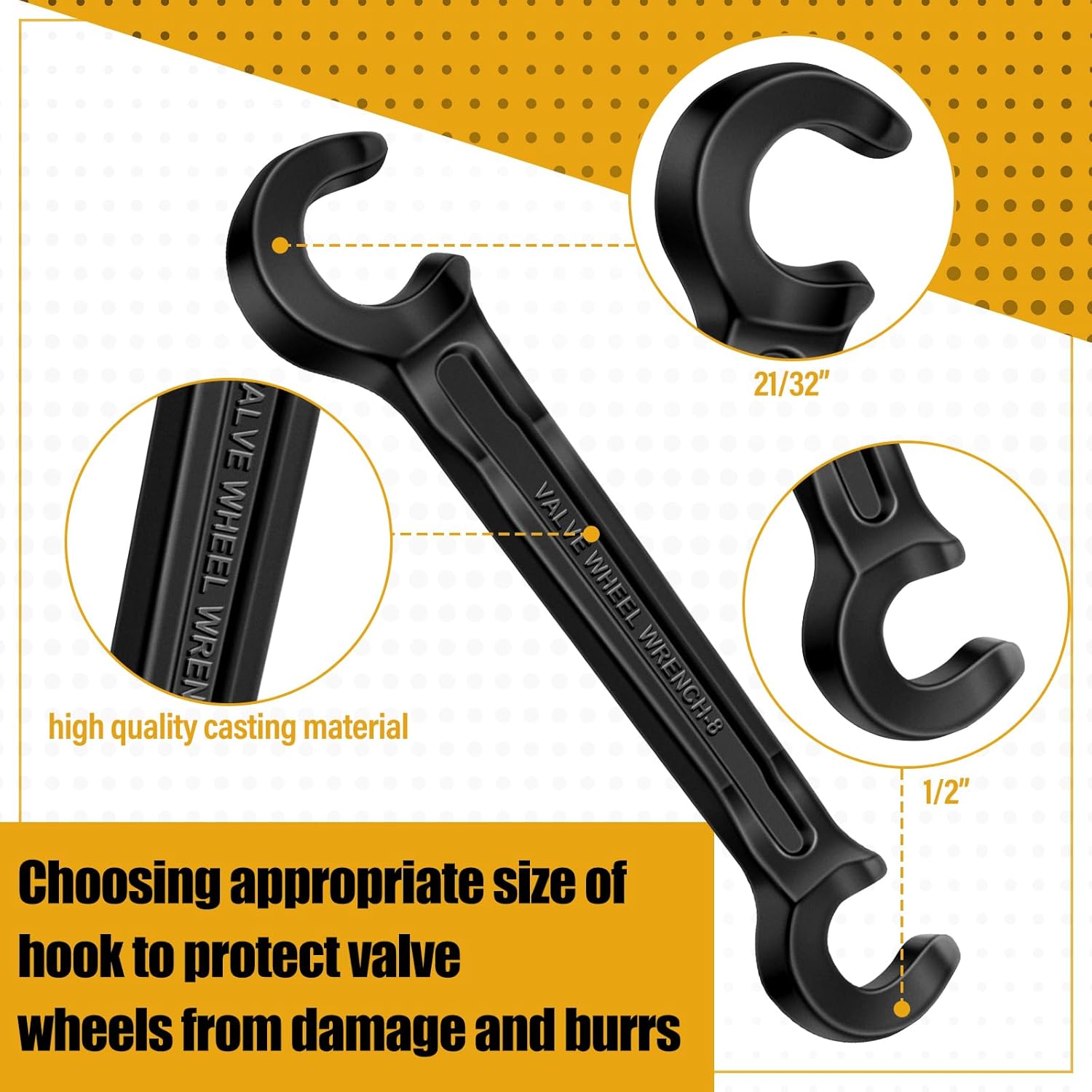 Double Ended Valve Wheel Wrench Cast Steel Hand Valve Wheels Wrench 8" Opening Closing Tool Protect Handwheels from Damage Wheel Wrench for Fire Riser Drain(1/2" and 21/32")