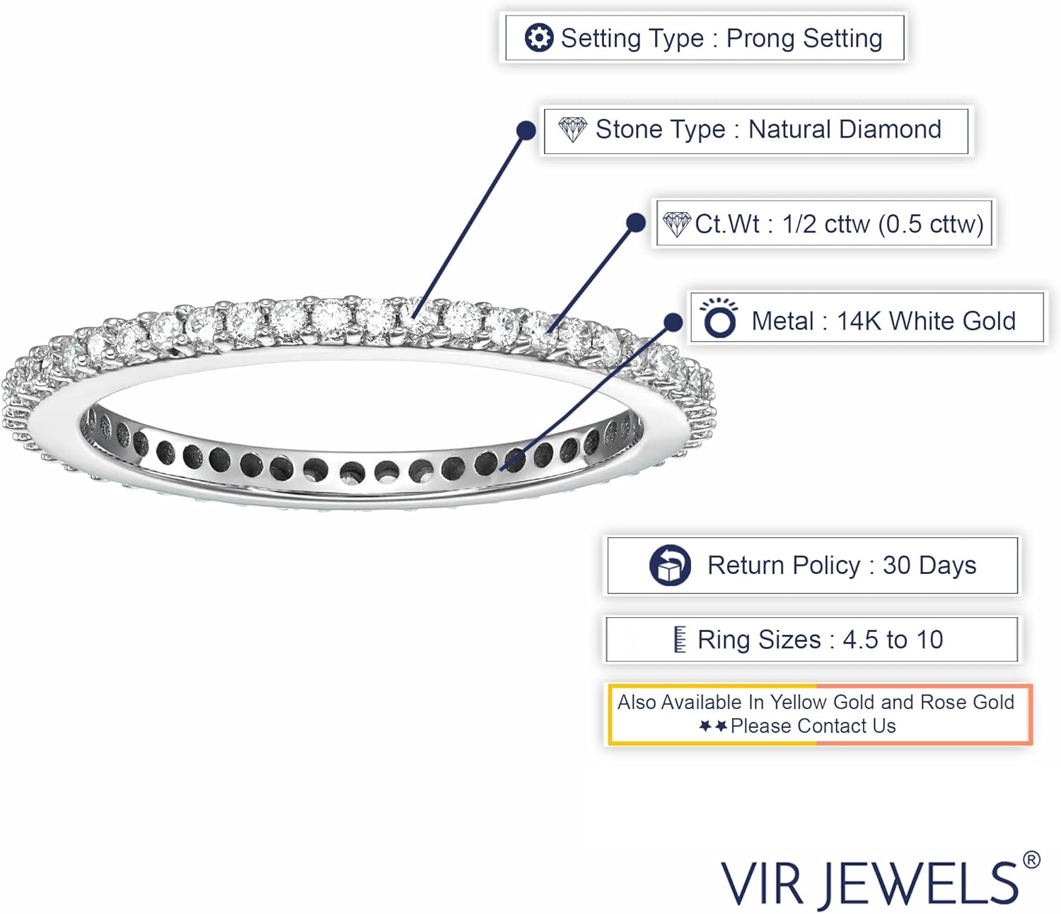 VIR JEWELS 1/2 cttw to 1 cttw Diamond Wedding Anniversary Band for Women, Full Eternity Round Diamond Engagement Ring 14K Gold Prong Set, Size 4.5-10