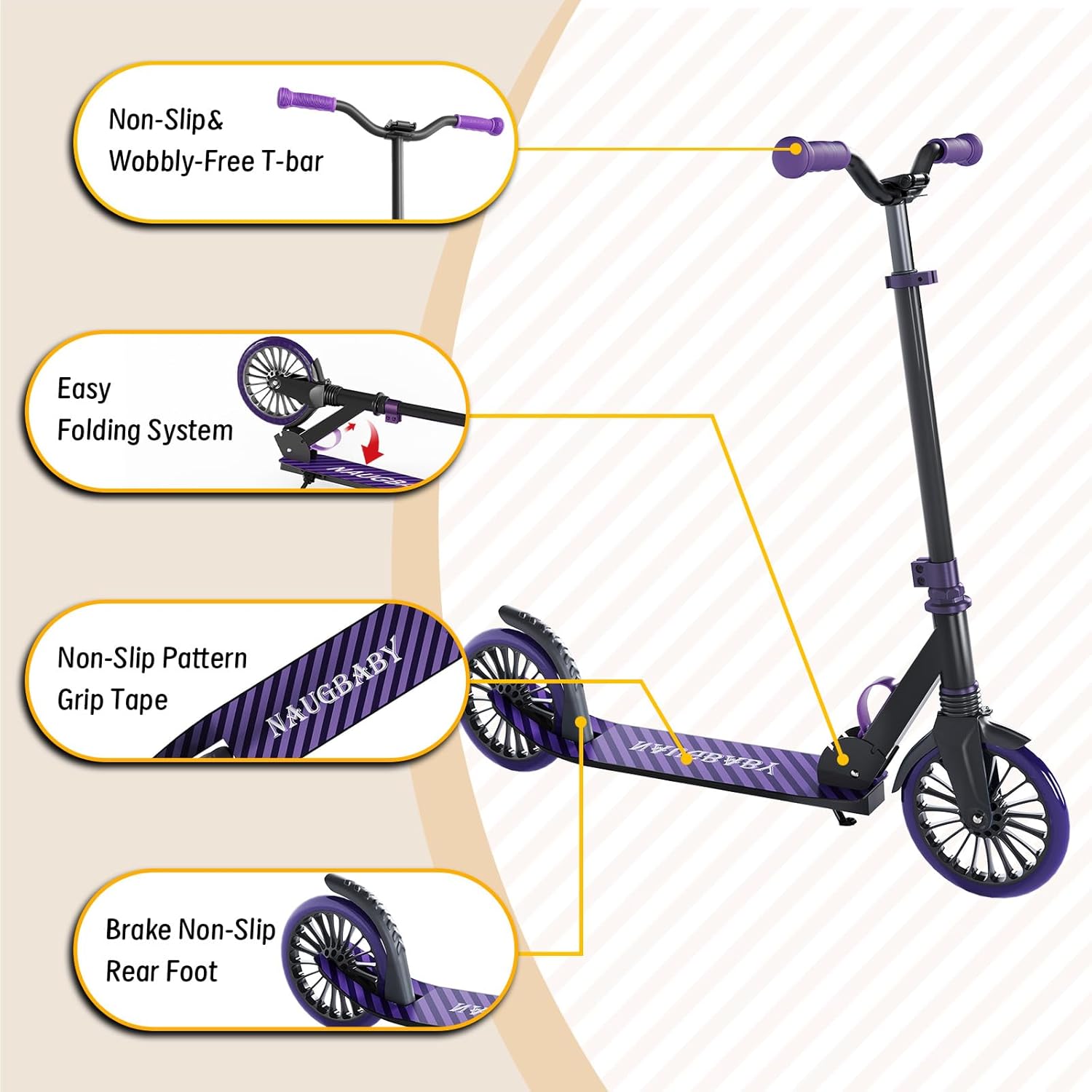 Scooter for Kids, Lightweight Foldable Kick Scooter, 4-Level Adjustable Handlebar, 8-Inch Large Wheels with Shock Absorption, for Ages 6 and Up - Image 4