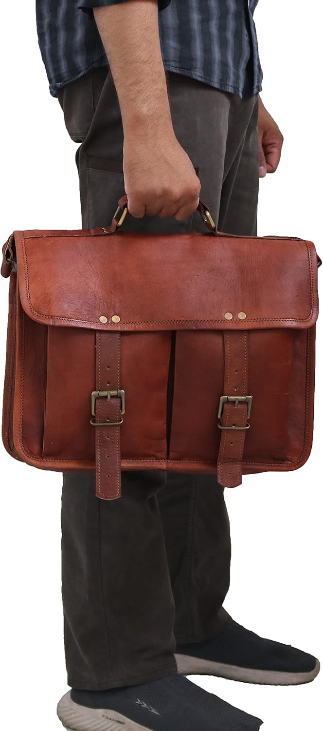 14" leather messenger bag laptop case office briefcase gift for men computer distressed shoulder bag : Electronics