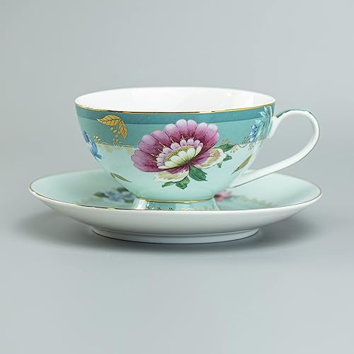 Miniatura 5 de Gracie China by Coastline Imports Taza de té y platillo de porcelana floral menta de 8 onzas (juego de 2) (35786G-4A/B/S2)