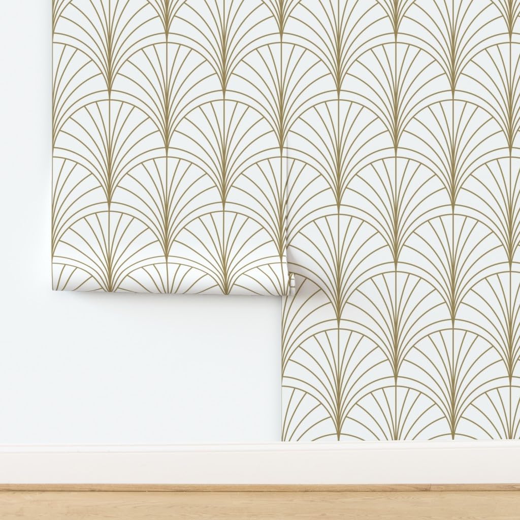 Removable Wallpaper 6ft x 2ft - Floral Gold White Art Deco Nouveau Minimal Vintage Geometric Custom Pre-Pasted Wallpaper by Spoonflower