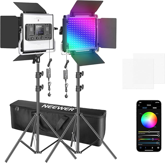 Neewer 2 Packs 480 RGB Led Light with APP Control, Photography Video Lighting Kit with Stands and Bag, 480 SMD LEDs CRI95/3200K-5600K/Brightness 0-100%/0-360 Adjustable Colors/10 Applicable Scenes