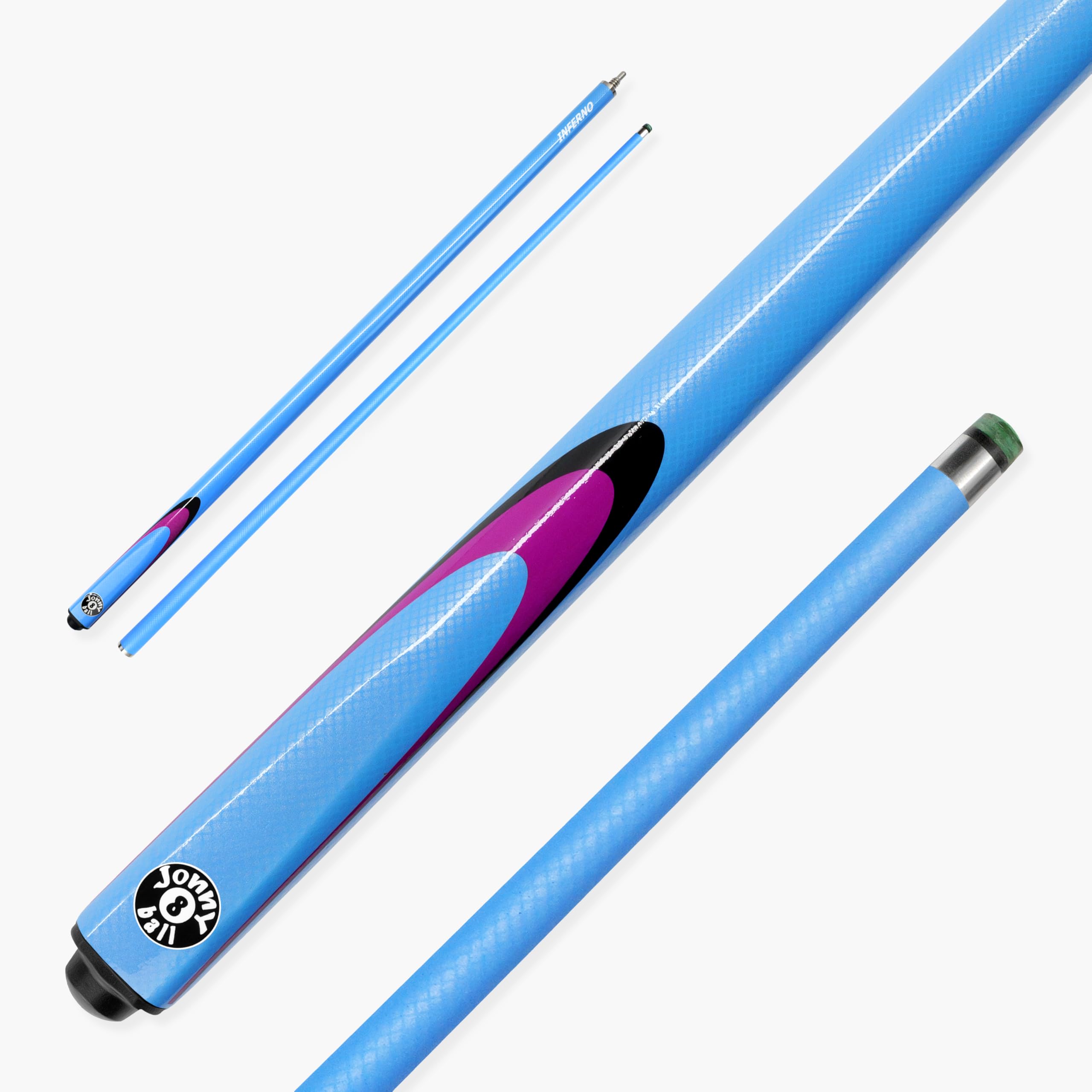 Jonny 8 Ball Inferno 57 Inch 2 Piece Centre Joint Graphite Fibreglass Low Deflection Snooker and Pool Cue with 9.5mm Layered Green Tip (Neon Blue)