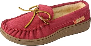 Sabine Womens Moccasin Slippers Genuine Suede House Shoe Memory Foam Insole Plush Faux Shearling Fur Indoor Outdoor Anti-Slip Rubber Sole