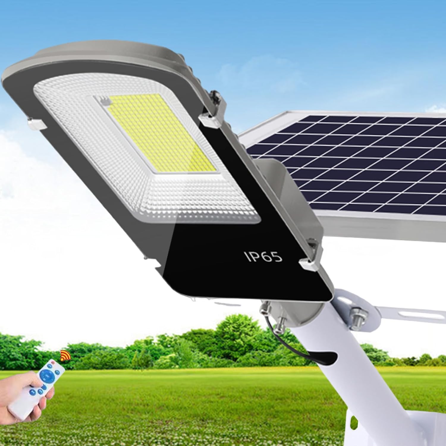 Solar Street Lights Outdoor, 6500K High Brightness Dusk to Dawn LED Lamp, with Remote Control, IP65 Waterproof for Parking Lot, Yard, Garden, Patio, Stadium, Plaza