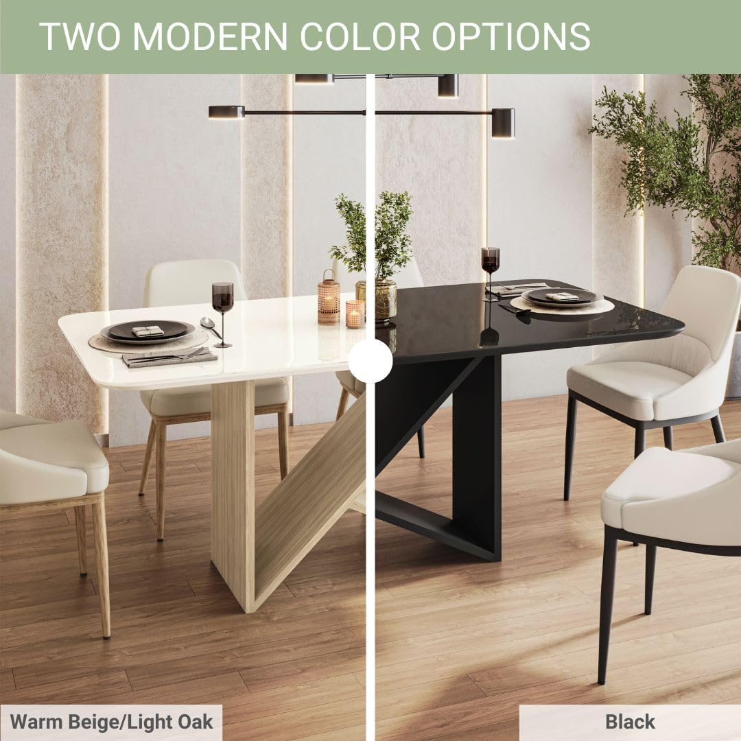 Elegant Painted Glass Dining Table for 6, Italian-Style 6-Seater Dining Table with Tempered Glass Top and Elegant Wood Base, Modern and Sophisticated Design for Dining Rooms, Warm Beige and Light Oak