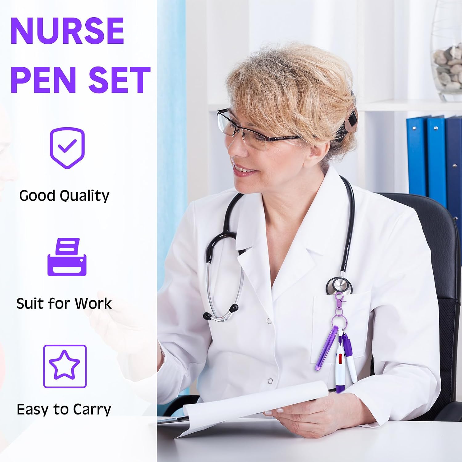 Sherr 100 Pcs Nurse Pen Set Nurse Week Gift with Retractable Ballpoint Pens Mini Highlighter Permanent Marker Keychain Clip Badge Reel Accessories for Nursing Student Medical Staff CNA(Purple, Blue)