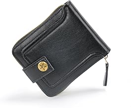 Men's Black Portable Bifold Wallet with Button Accent Zip Pocket with Credit Card Compartment and Zip Card Holder