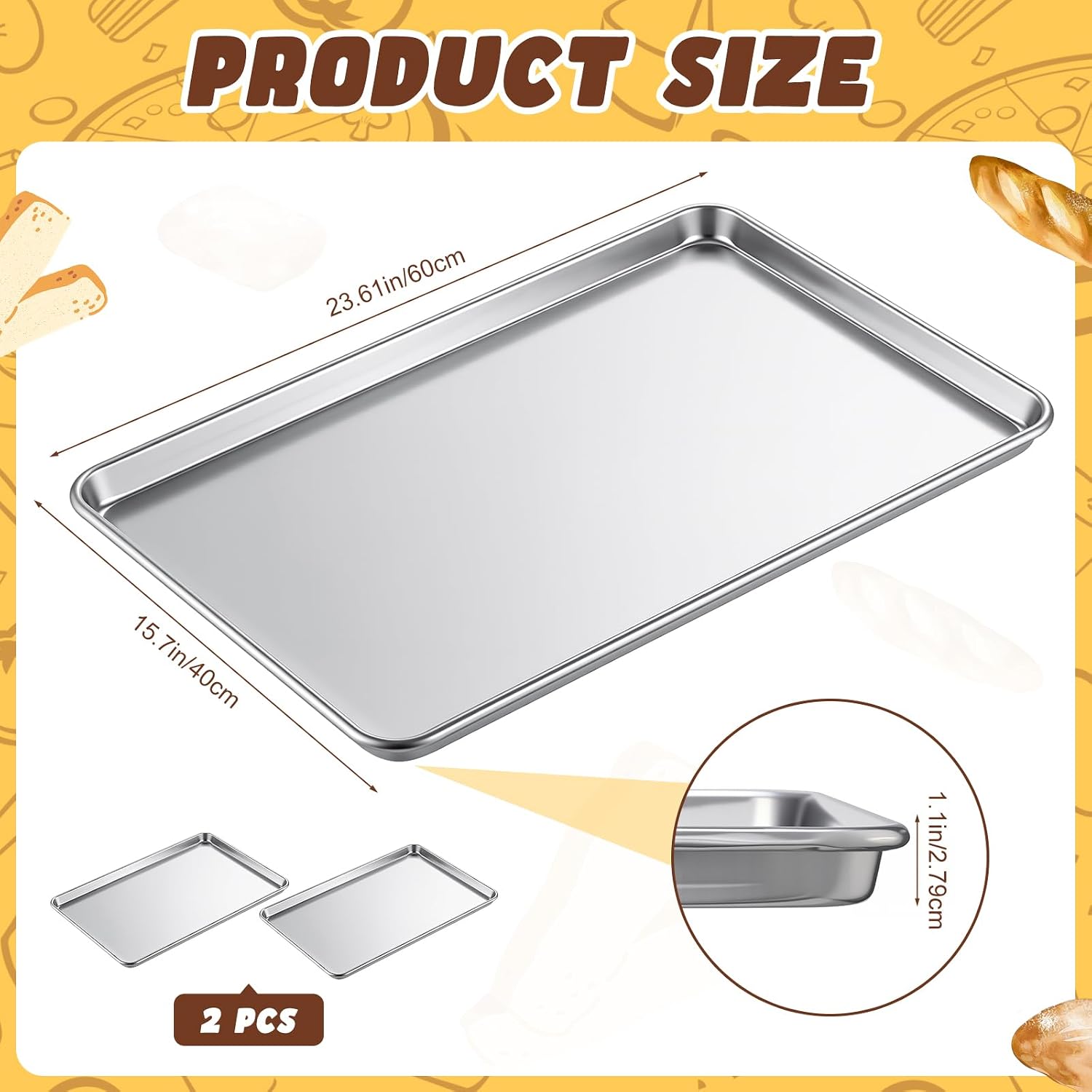 2 Pack 24 × 16 Inch Baking Sheet Pan Set Commercial Full Size Grade Aluminum Coated Aluminum Cookie Pans for Large Ovens Refrigerators Bakeries Hotels Restaurants