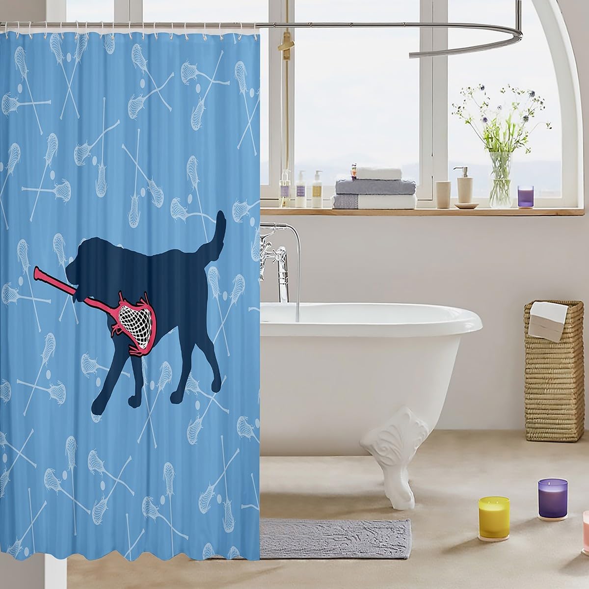Feelyou Lacrosse Shower Curtain for Girls Boys Kids Cute Dog Lacrosse Player Bathroom Shower Curtain Set Sports Theme Decorative Bath Curtain for Bathtub Puppy Bathroom Accessories 72"x78"