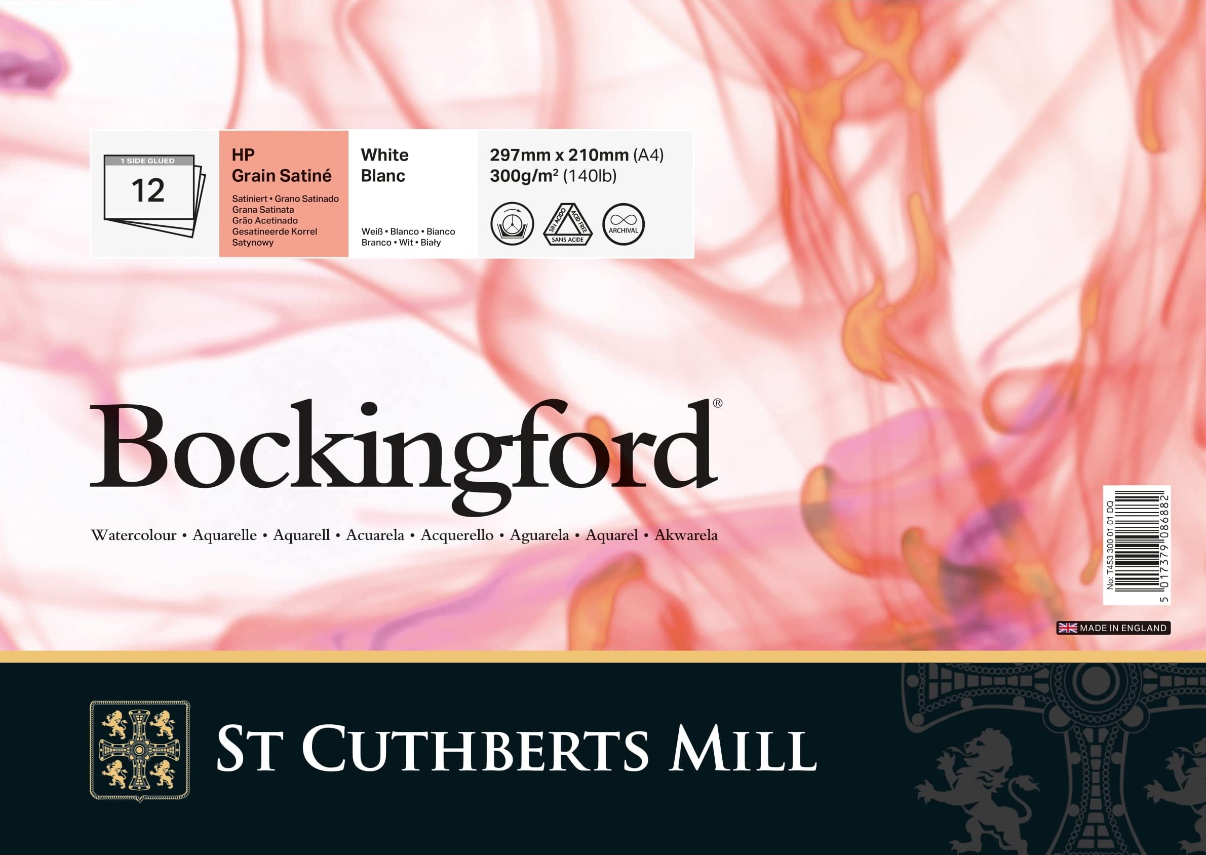 Bockingford, Bloc Encolado, A4, Grano Satinado, 300g, 12 Hojas, Papel de Acuarela, Blanco