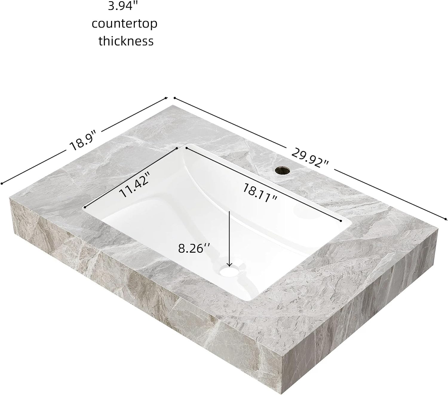 Montary 30"X19" Thickened Sintered Stone Bathroom Countertop with Undermount Ceramic Basin and One Standard Pre-drilled Hole, Artificial Marble Vanity Top Sink for Bathroom, Light Gray