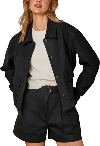 Lianlive Womens Faux Suede Leather Jacket Casual Lapel Collar Jackets Fall Winter Button Down Coat Outerwear with Pockets