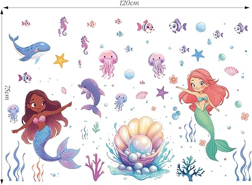 Miniatura 4 de SHUCHING Adhesivo de pared de sirena bajo el mar, despegar y pegar, calcomanía de pared de peces de océano, decoración de pared para niñas,