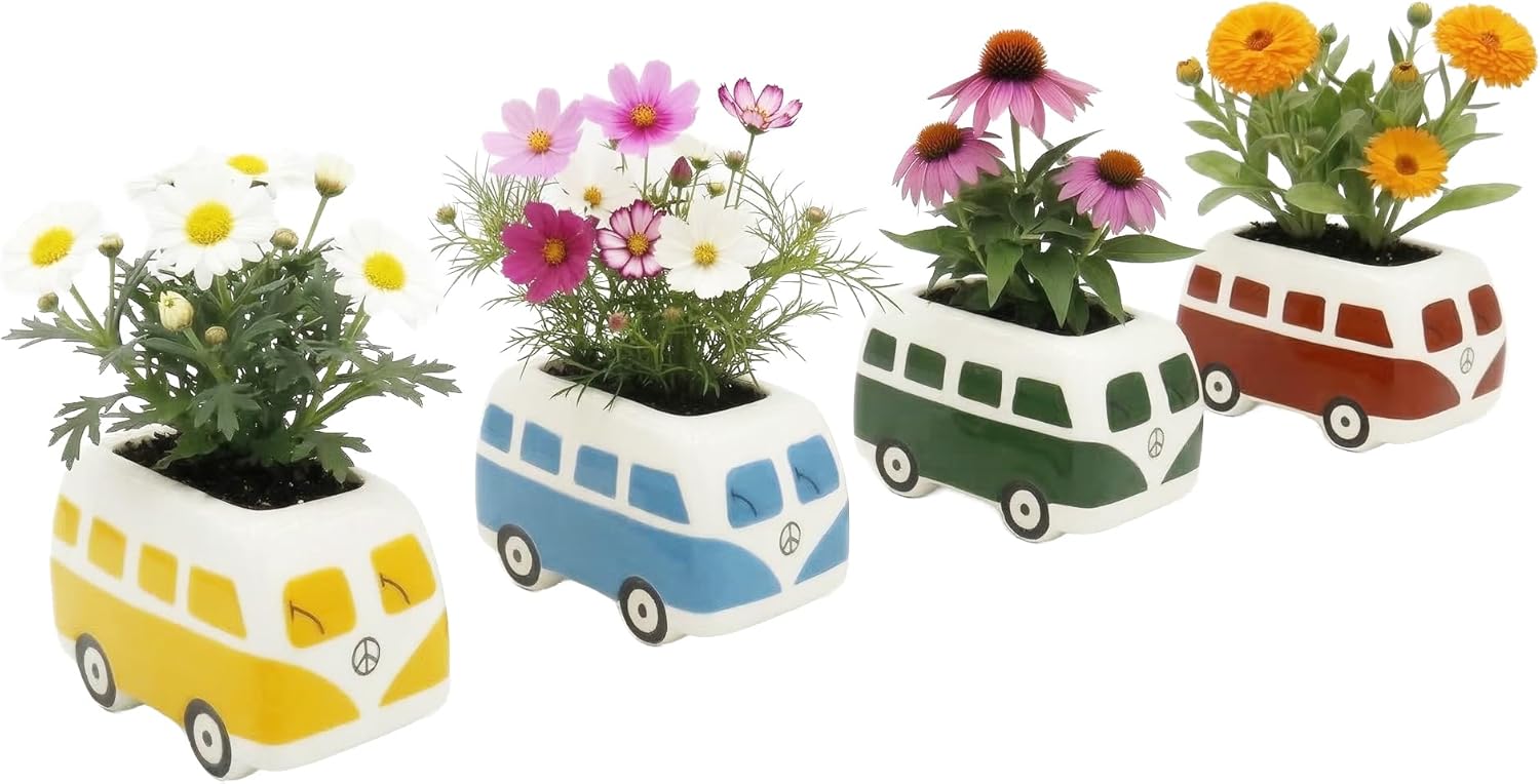 BUZZY Seeds Mini Ceramic Flower Bus Grow Kit, 4-Pack – Colorful Retro Bus Planters with Daisy, Cosmos, Calendula & Coneflower Seeds, All-in-One Seed Starter Gift Set
