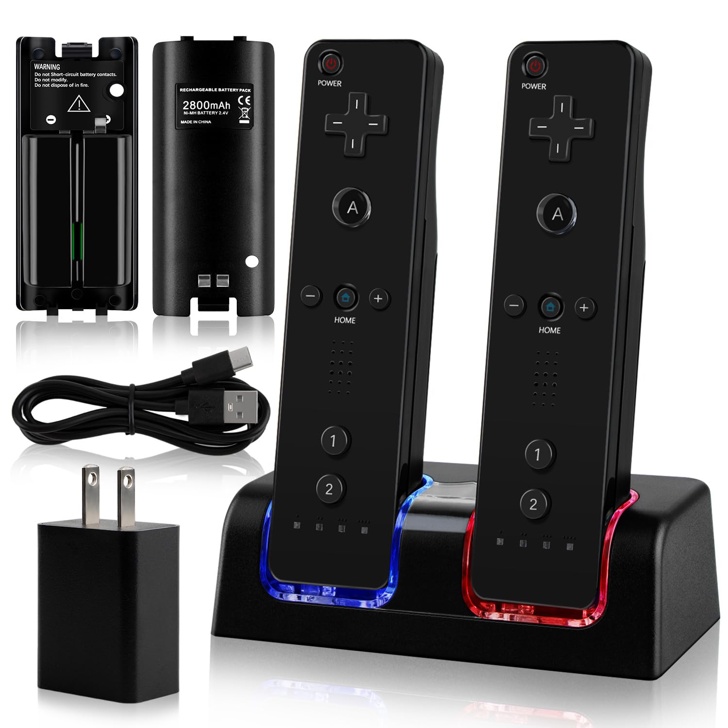2-in-1 Charger Station for Wii/Wii U Remote Controller, with 2 pcs 2800mAh Rechargeable Battery Packs, USB Plug and USB Cable, 2 Port Charging Station