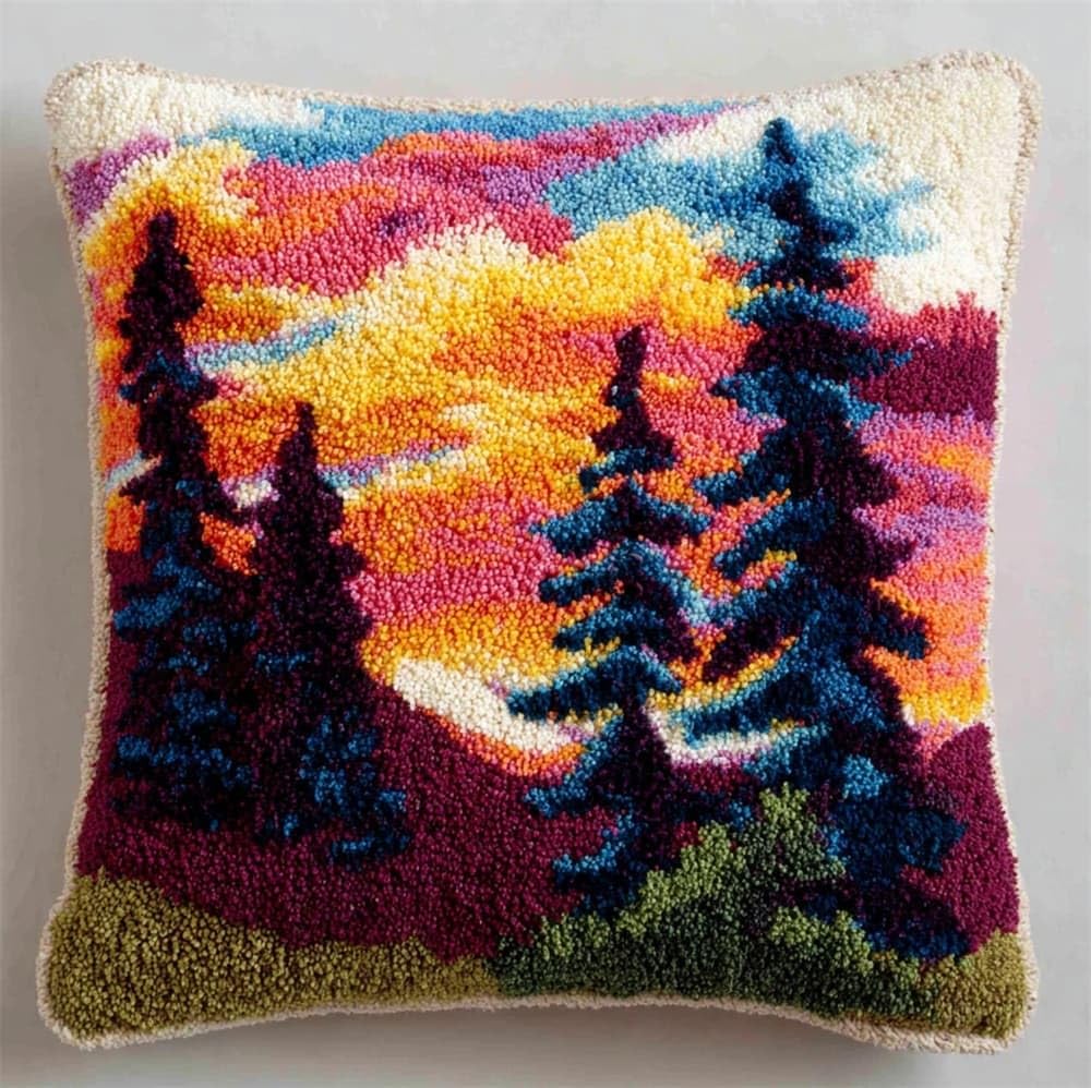 FWRTYCB DIY Latch Pillow Case Kits Sunset Mountain Tree Crochet Cushion Co