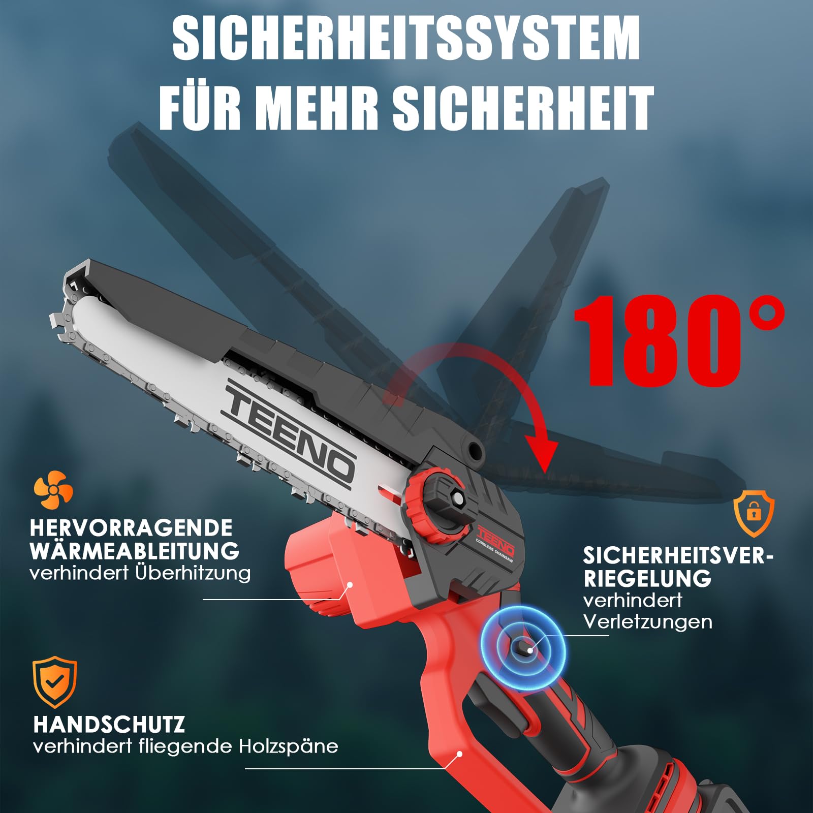 TEENO Hochentaster, Elektrische Kettensäge, 2 in 1, Elektrischer Teleskop-Kettensäge, Teleskopstange, 6 Zoll, 2 * 4000 mAH Akku