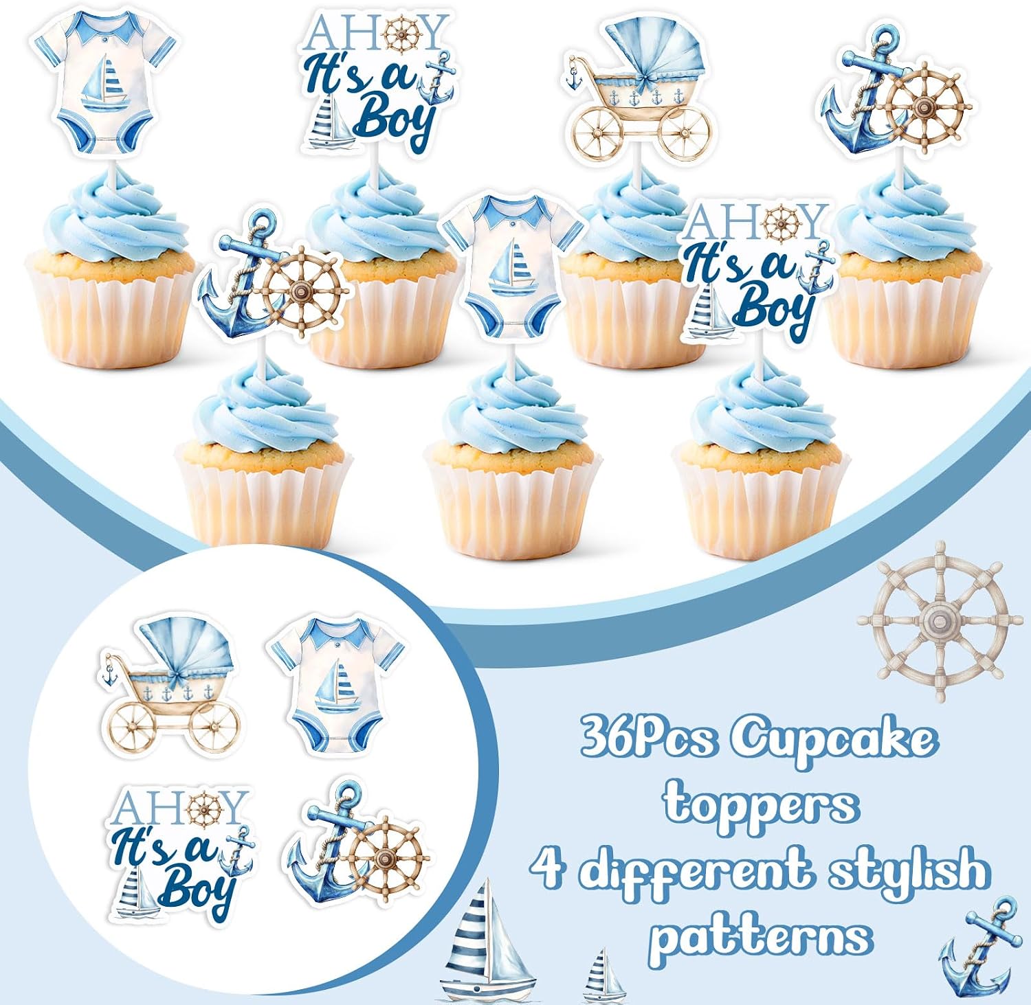 Nautical Baby Shower Decorations 36Pcs Ahoy It's A Boy Baby Shower Cupcake Toppers Ahoy Nautical Party Decoration Sailor Boat Ocean Navy Theme Decor Sailor Anchor Cake Decorations for Boy