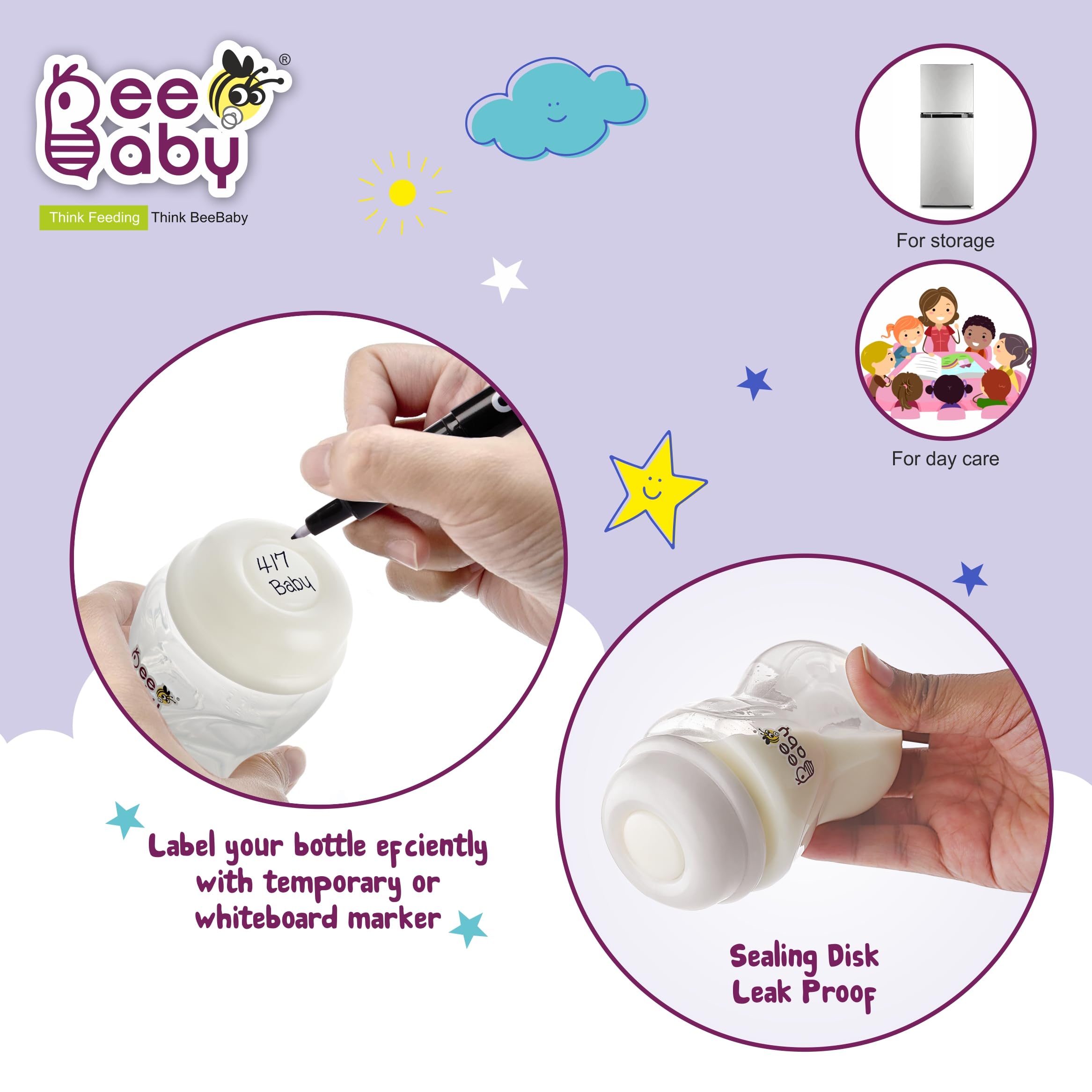 BeeBaby Pump N Protect Breast Milk Storage Bottles β Pack of 4 | Pump & Store Milk Collection Bottles for Breastfeeding Moms | Compatible with Most Manual & Electric Breast Pumps | 100% BPA Free (Slim Neck - Pack of 4) 4