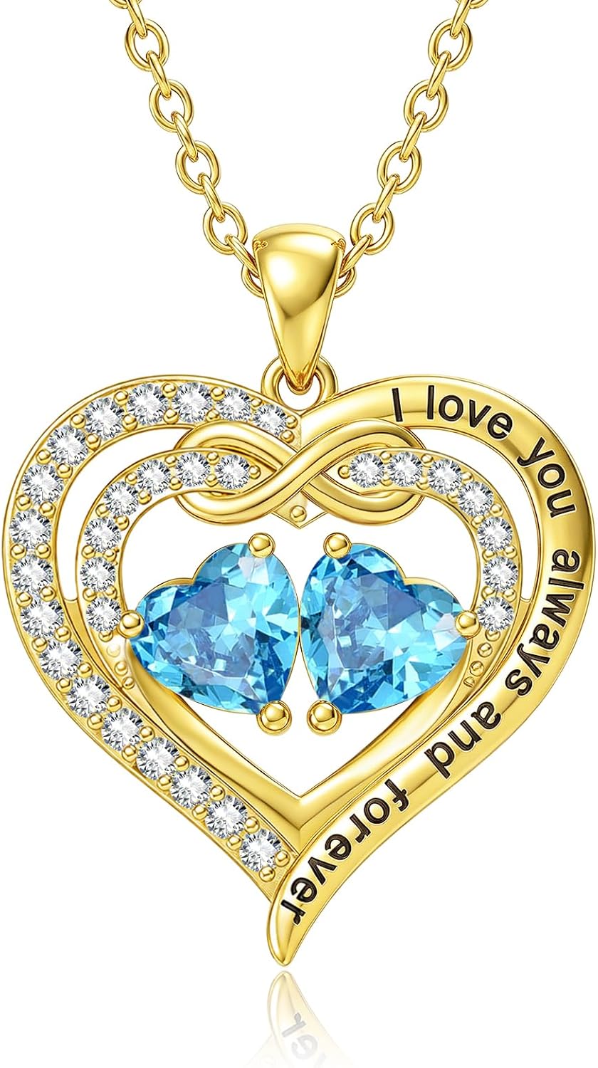 14K Gold Heart Necklace with 2 Birthstones Gifts for Women Her