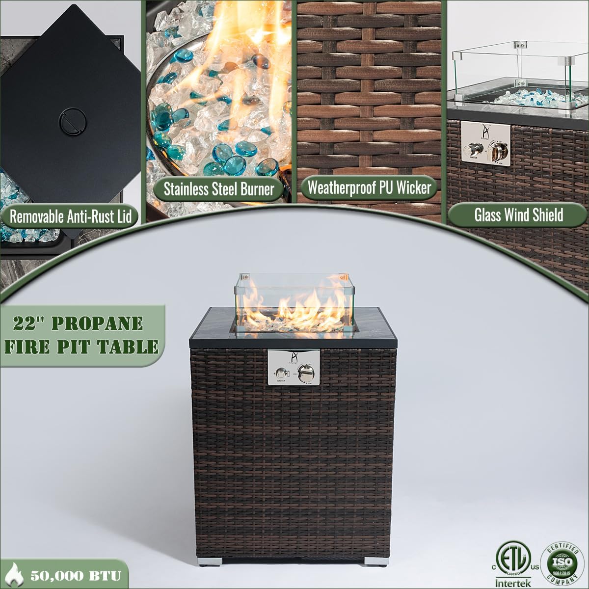 Propane Fire Pit Table, 22 Inch Wicker Firepits for Outside, Square Gas Fire Pit for Outside Patio, Propane Fire Table for Patio, Backyard, Pool, 40,000 BTU, Tank Inside, Dark Brown