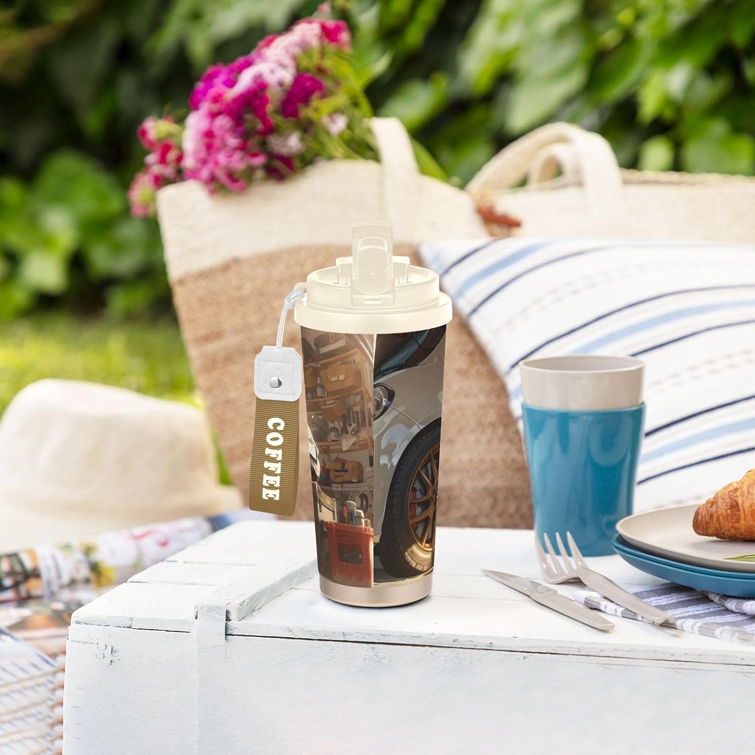 Insulated Coffee Mug Woman Car with Straw & Flip Lid, 16.9oz Iced Tumbler Cup, Double Wall Vacuum Mug for Travel Office Camping