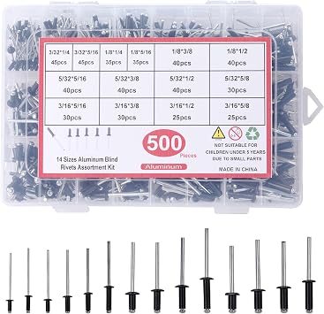 500pcs Pop Rivets Assortment Kit,14 Sizes Aluminum Rivets,Blind Rivets set,including 3/32" 1/8" 5/32" 3/16",metal Dome Head rivets Assortment kit with labels Storage boxes Black