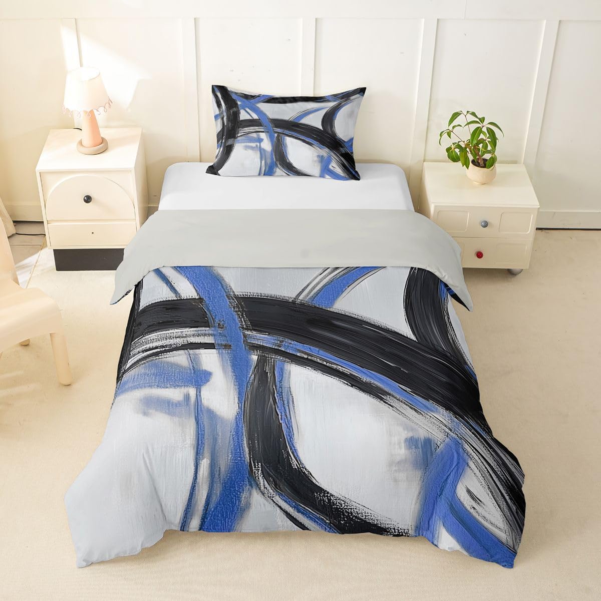 jejeloiu Blue and Black Striped Duvet Cover Toddler Size Abstract Gromment Stripes Bedding Set Breathable Soft Modern Geometric Comforter Cover 2Pcs Bedroom Decor No Comforter Breathable