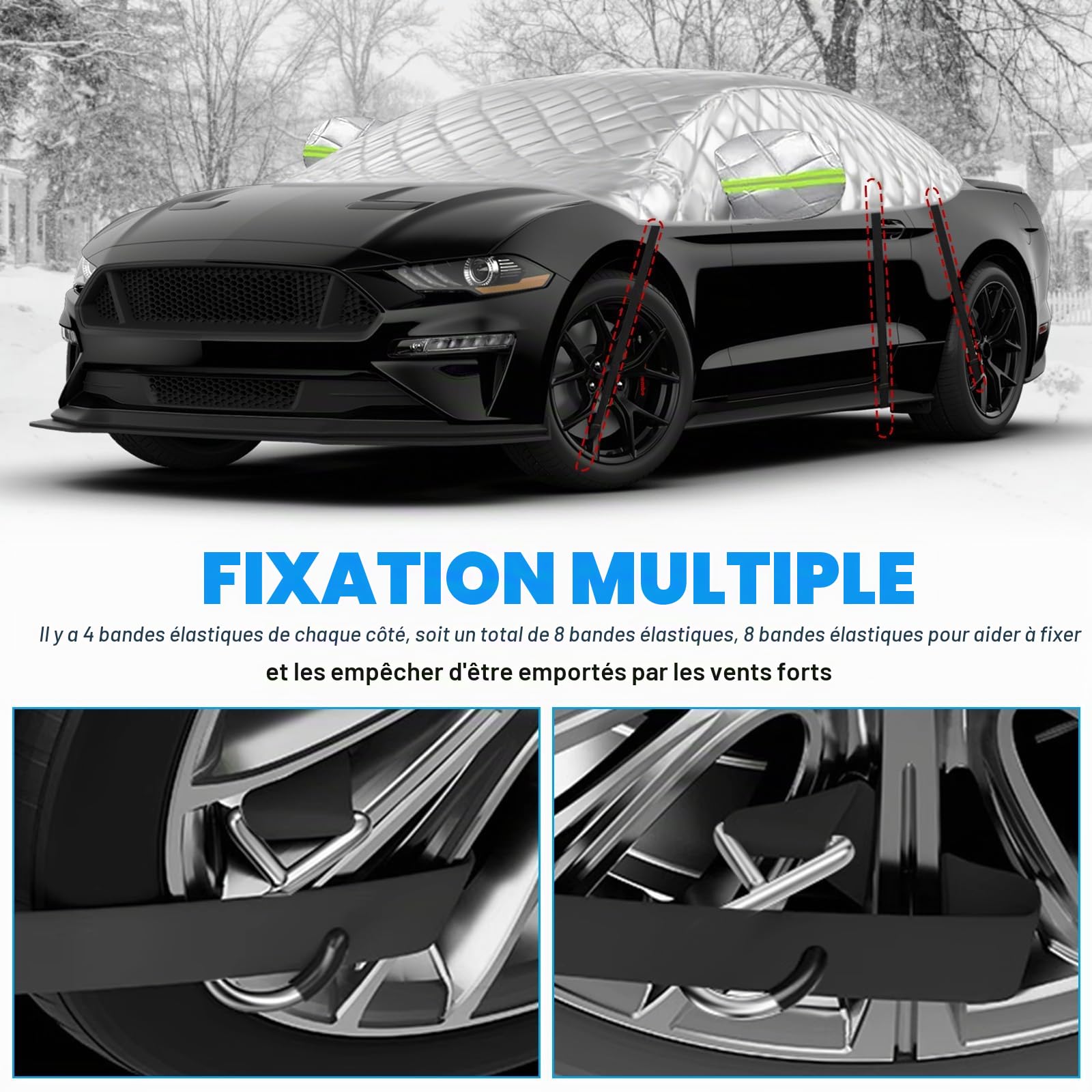 Demi-Housse de Voiture pour 2005-2023 Ford Mustang S197 S550 S650 | 6 Couches, avec Crochets, Bande Réfléchissante et Capuchons D'oreilles, Contre Neige Glace et Givre