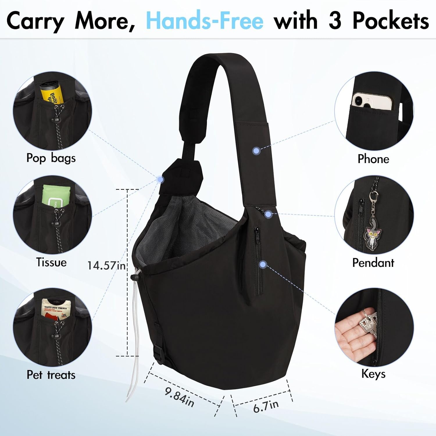 Dog Carrier Sling, Dog Carriers for Small Dogs & Cats with Pockets, Puppy Carrier Sling 20 lbs Machine Washable, Adjustable Shoulder Strap, Hands Free for Family Outdoor Use (Black)