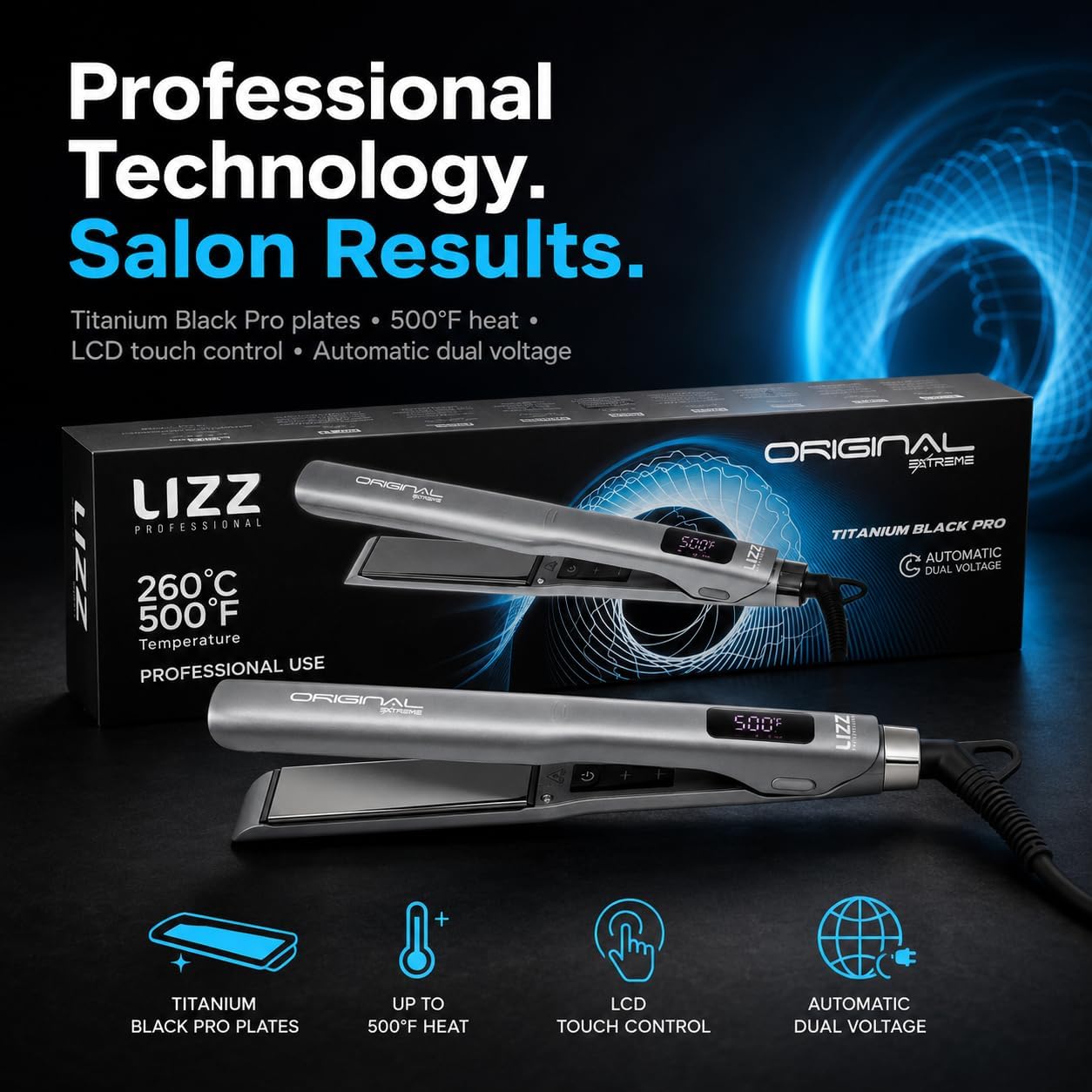 Lizz Professional Original Extreme Hair Straightener, Titanium Black Pro Plates, LCD Display, 500°F, Anti-Frizz, Dual Voltage