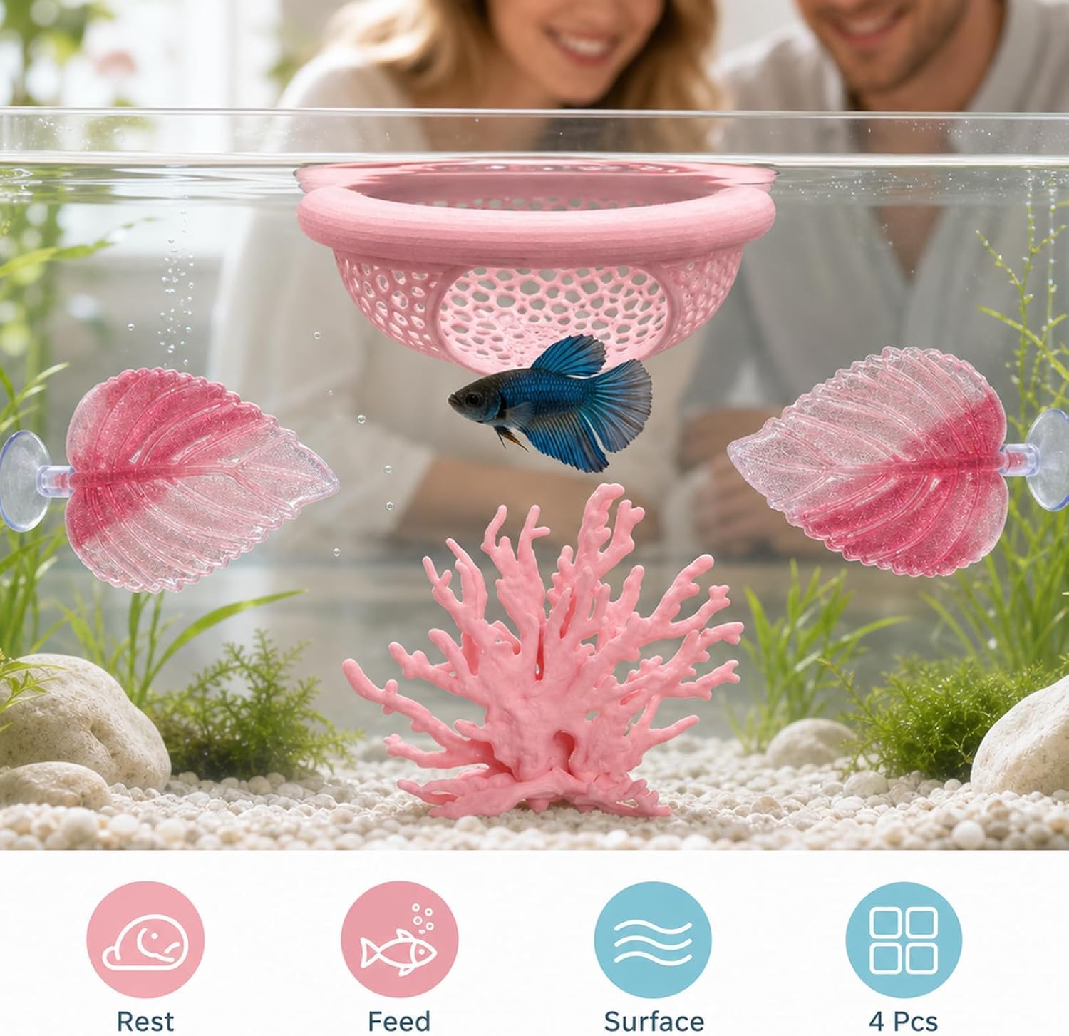 4PCS Betta Fish Hammock, Pink Aquarium Decor for Small Fish, Multi-Functional Tank Enrichment with Feeding Control and Stress Reduction, Safe Resting Spot for Betta and Shrimp Keepers image 5