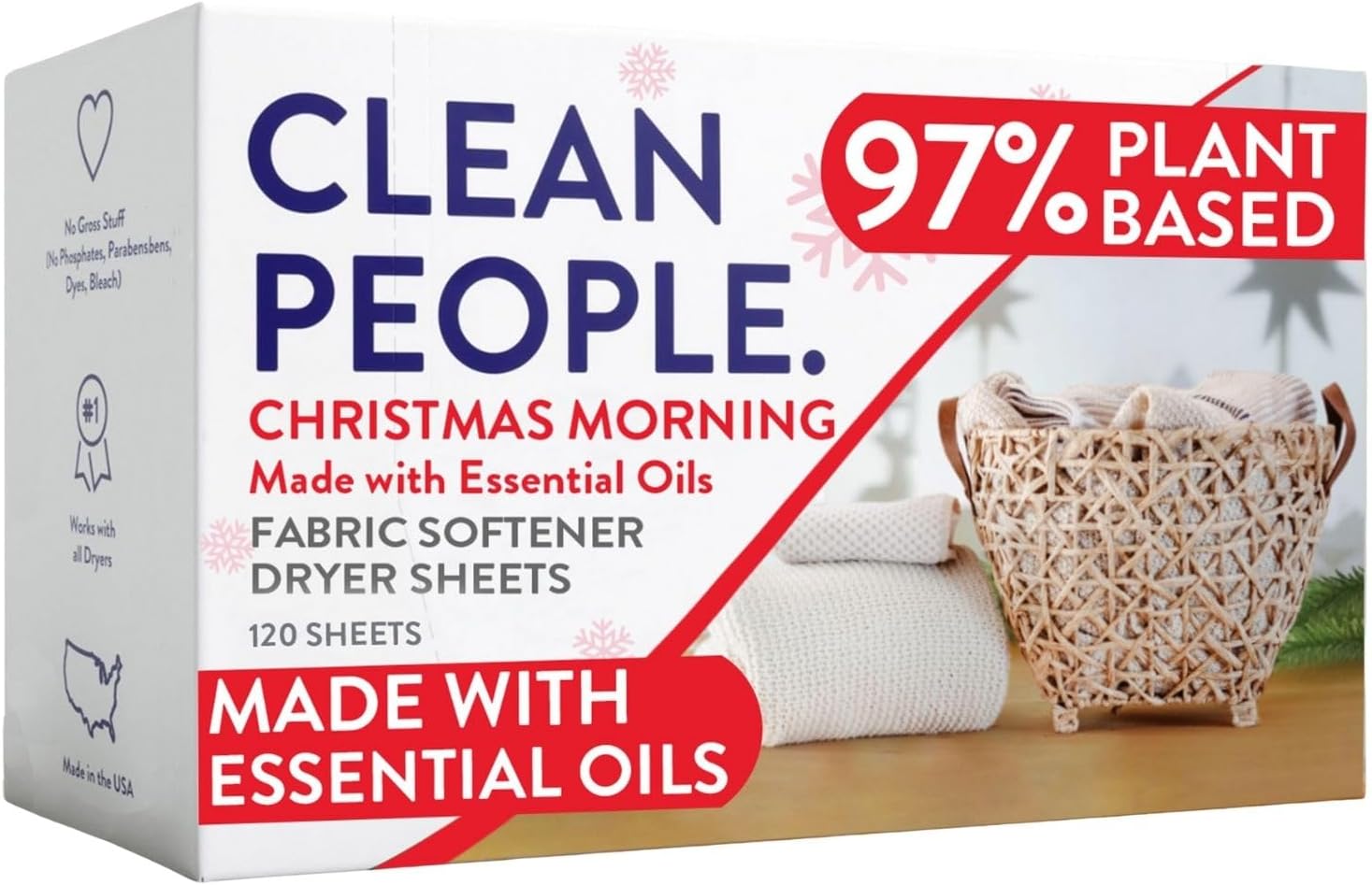 The Clean People Fabric Softener Sheets - Dryer Sheets - Softens & Removes Static Cling - Vegan Laundry Softener, Essential Oils - Christmas Morning, 120 Pack
