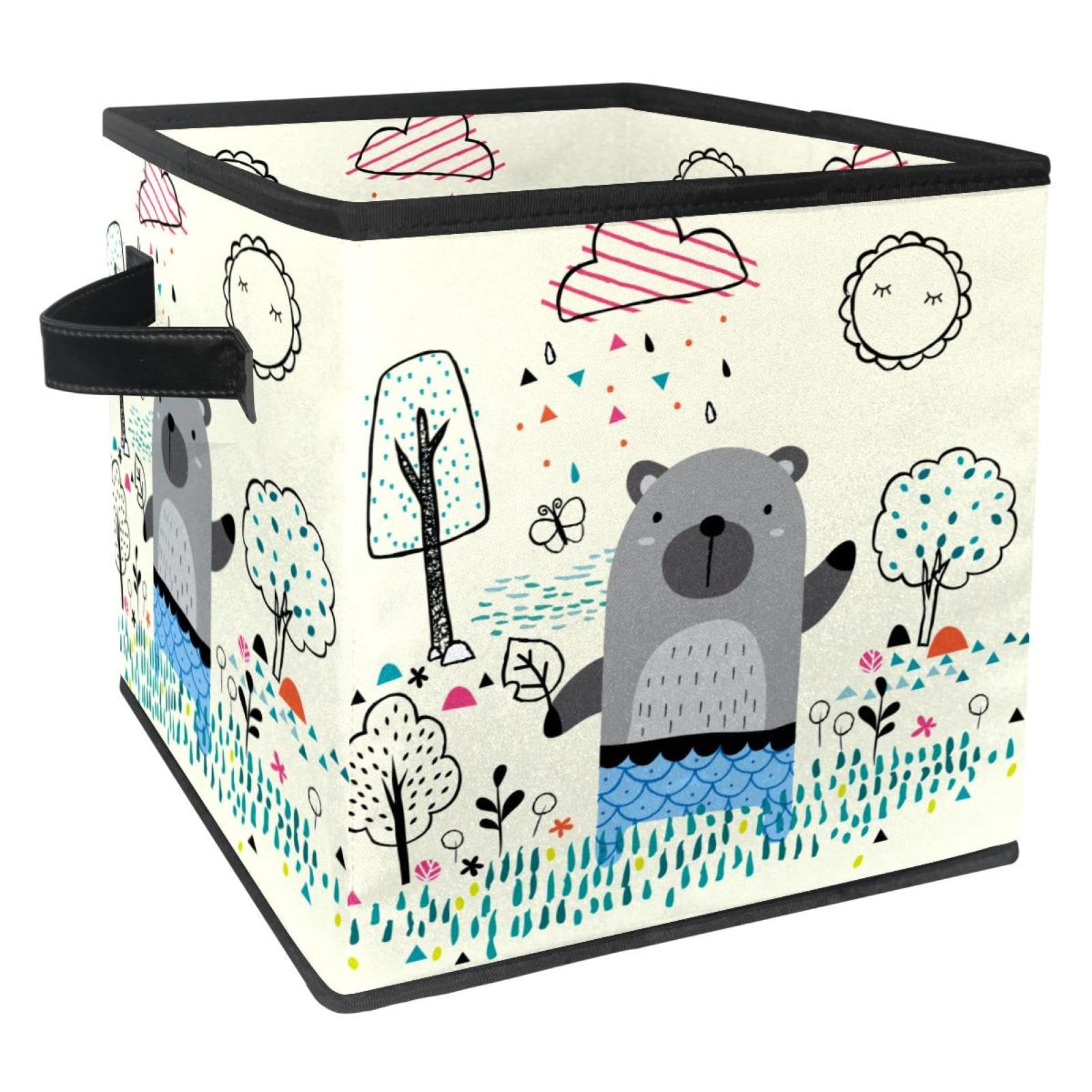 Boîte de rangement pliable motif ours en tissu cube avec poignées pour vêtements