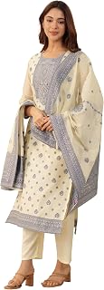 Libas Womens Woven Design Silk Blend Straight Kurta With Trousers and Dupatta Price In India