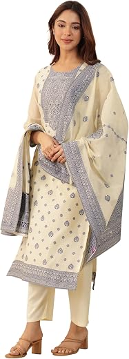 Libas Womens Woven Design Silk Blend Straight Kurta With Trousers and Dupatta