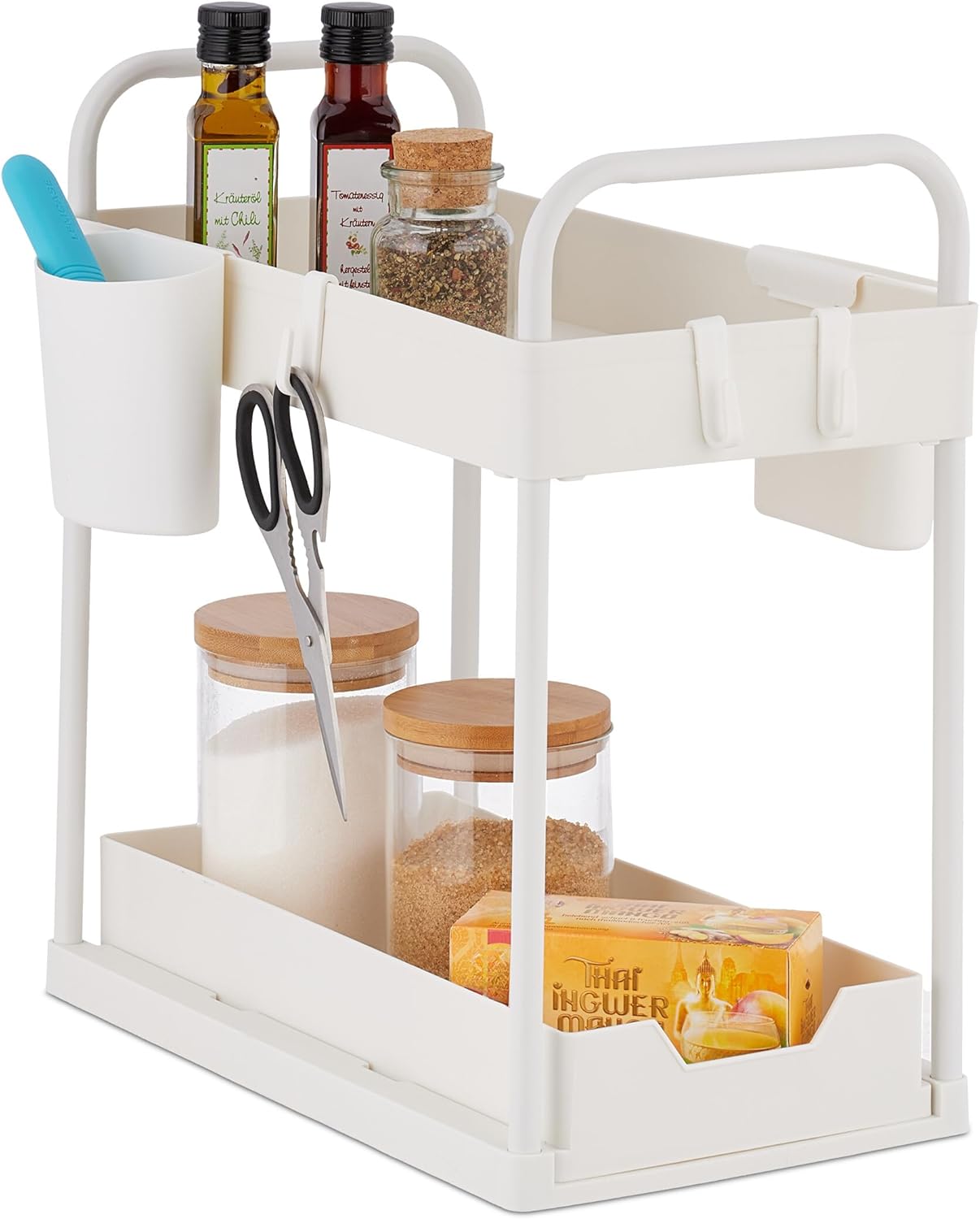 Relaxdays Organizer Sottolavello Estraibile - Scaffale 2 Ripiani In Acciaio E Plastica Con Ganci E Portatazze - 42,5x22x40 Cm - Nero