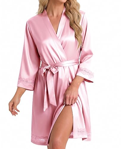 Ekouaer Women's Lace-Trim Silk Robes Bride Bridesmaid Kimono Satin Bathrobe V Neck Sleepwear with 3/4 Sleeve - Large - Deep Pink