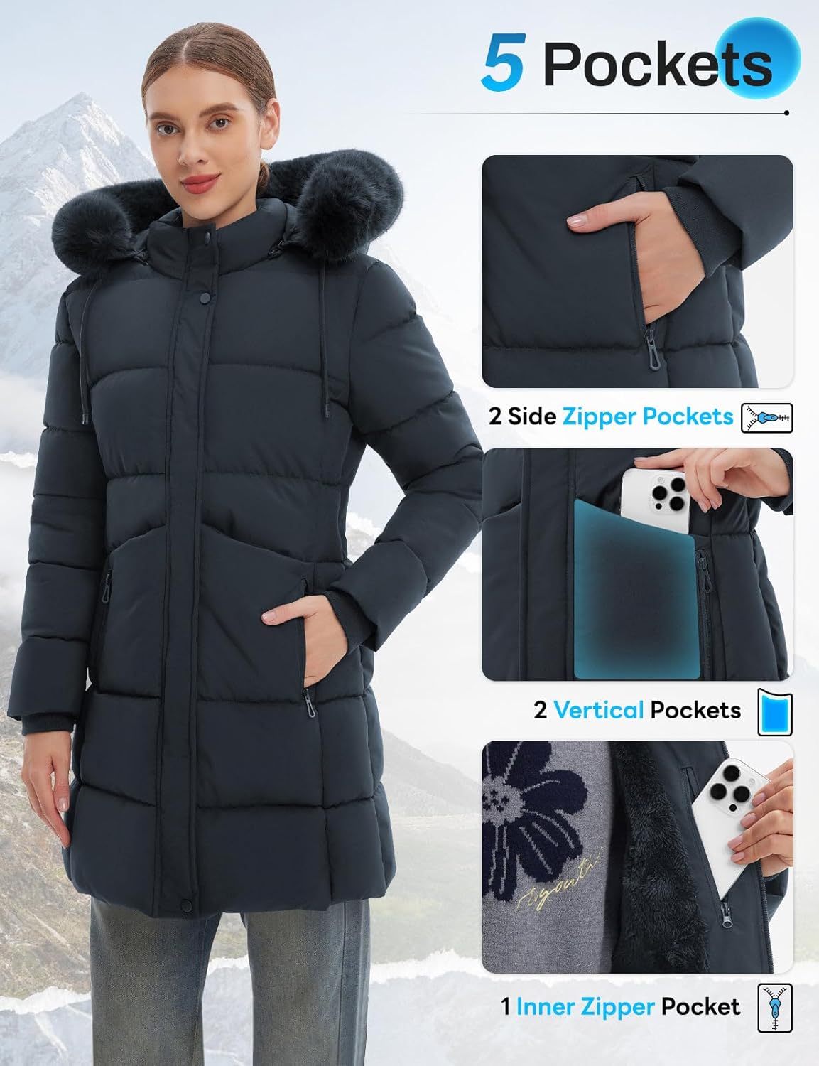 ASPO Women's Winter Warm Coats Waterproof Thick Fleece Lined Down Puffer Jacket 5 Pockets Long Parka Faux Fur Detachable Hood - Image 6