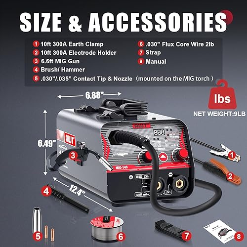 Miniatura 5 de AWT Soldador MIG 140Amp, Flux Core MIG SoldadorStick 2 en 1 máquina de soldar, Máquina de soldadura 110V con inversor Synergy IGBT, Equipo de