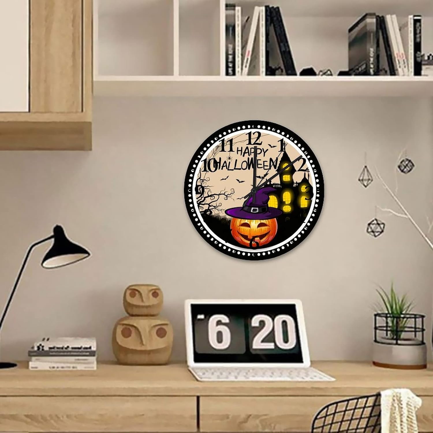 Happy Halloween Pumpkin Hunted House Wall Clock 12 Inch, Halloween Jack-o-Lantern Wearing Witch Hat Cool Room Accessories Quartz Movement Round Arabic Numbers Clock for Home/Office/Kitchen Decor
