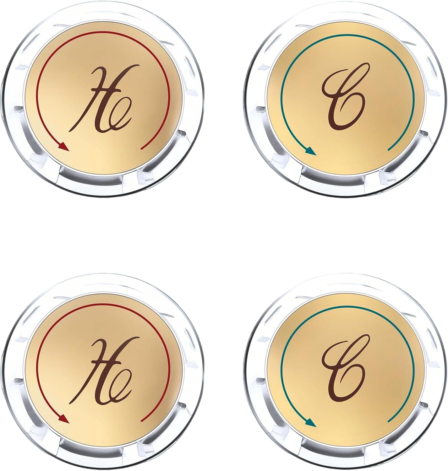 Universal Hot and Cold Faucet Index Buttons, 1.14 inch Inner Diameter Faucet Index Bathroom Sink Handle Buttons, Clear Acrylic with Gold for Delta/LDR/Delex/Peerless Two Clear Handles (4 pack)