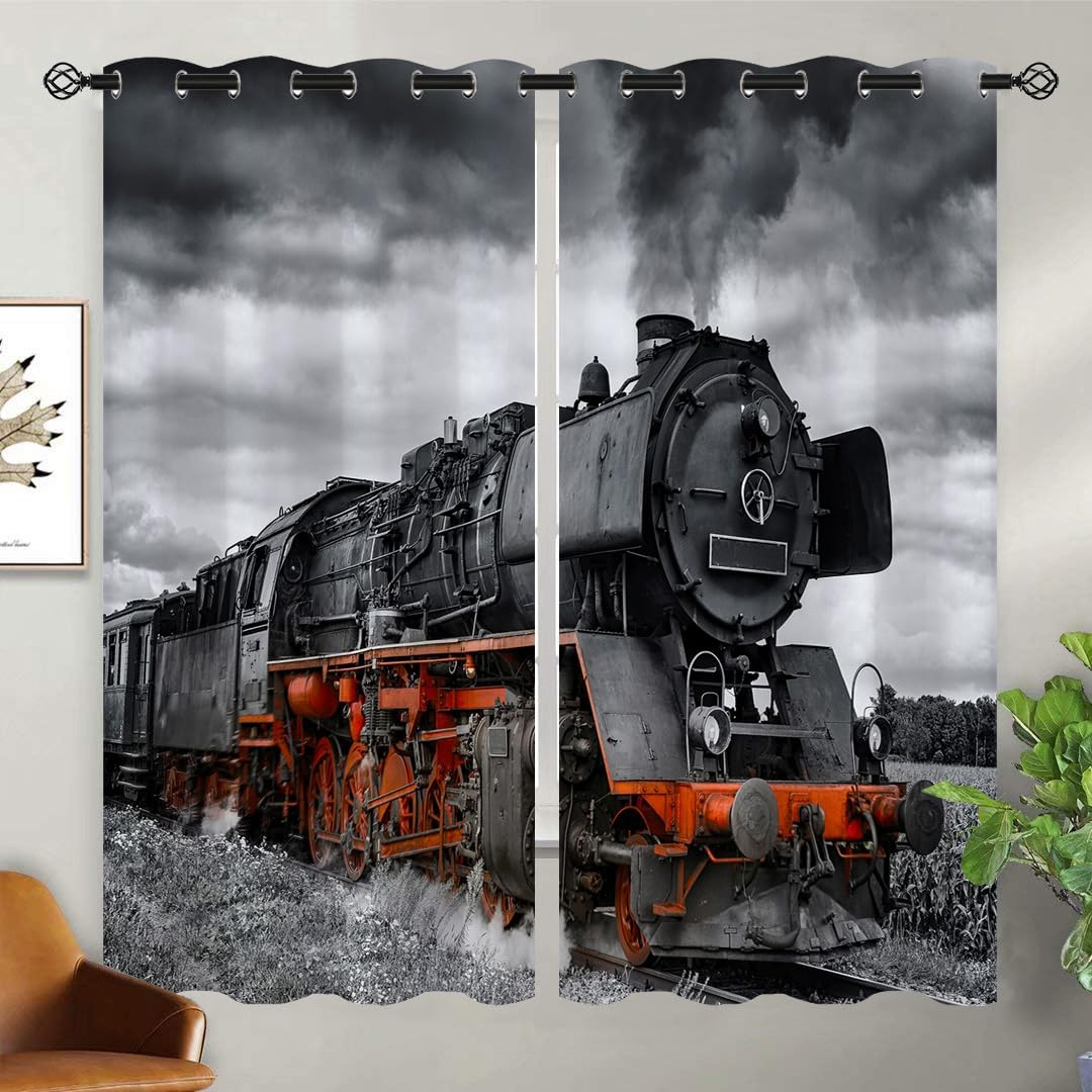 Steam Engine Train Blackout Curtains for Girls Boy Home Decor, Vintage Old Locomotive Grommet Thermal Insulated Drapes Darkening Window Curtain for Bedroom Living Room, 63 x 63 Inch