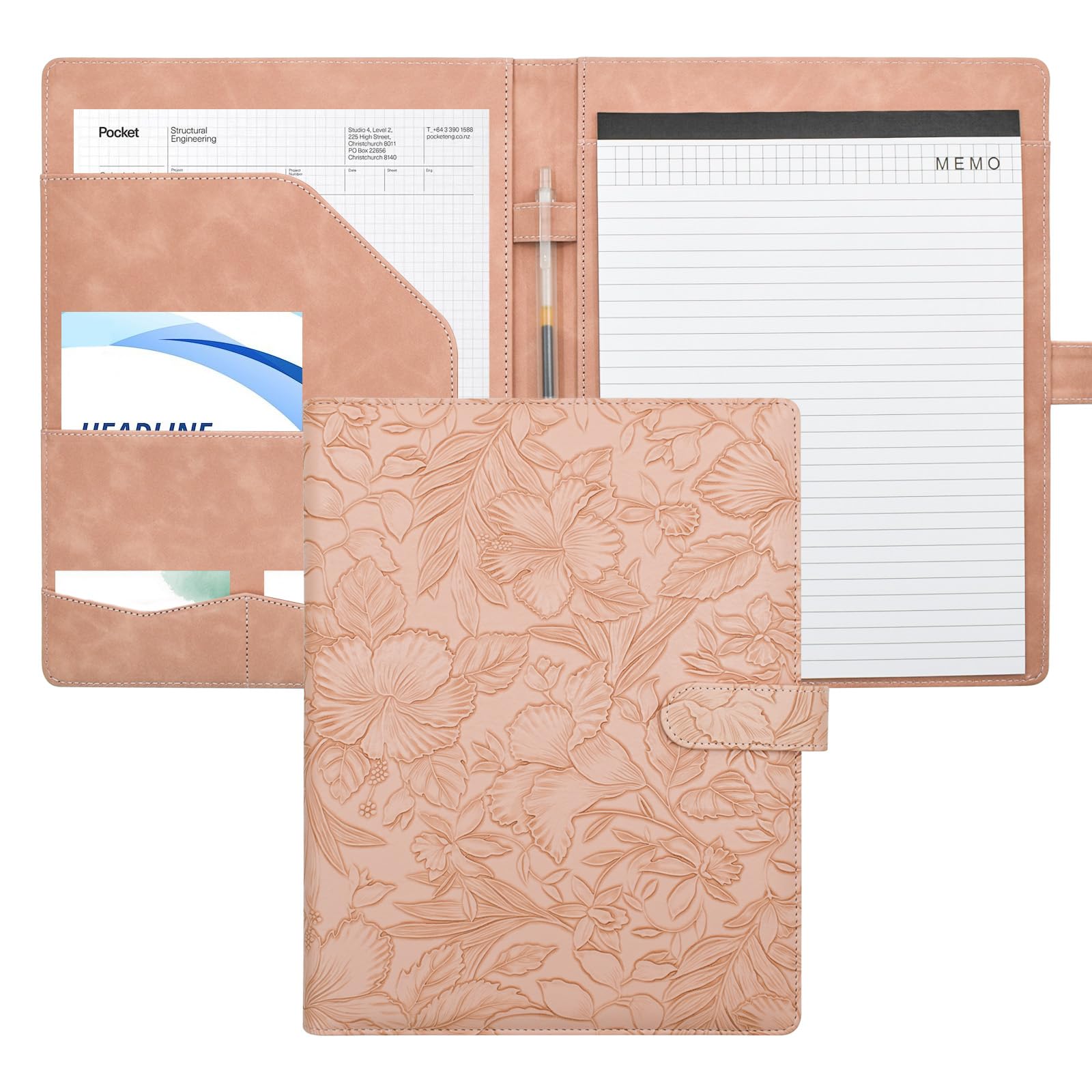 VANRA Padfolio Portfolio Binder Faux Leather Interview Resume Folder with Notepad, Document Organizer Card Holder, Letter-Sized Notepad Portfolio Organizer for Business School Office (Pink)