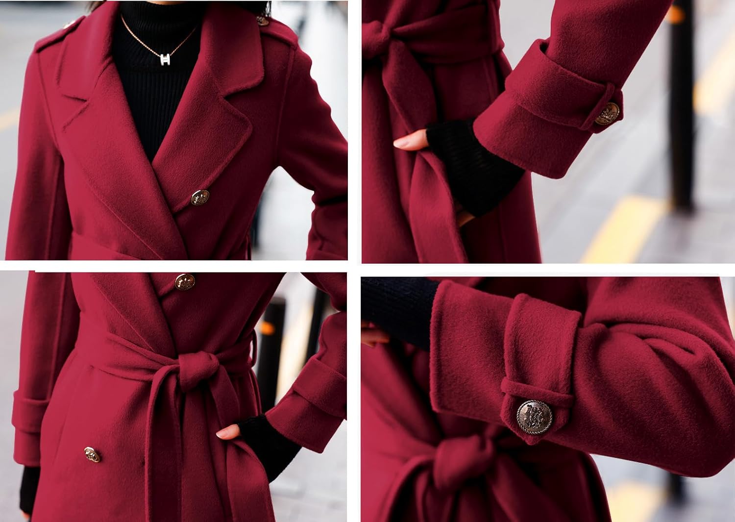 chouyatou Women's Winter Belted Wool Coat Double Breasted Midi Long Casual Trench Dressy Peacoat
