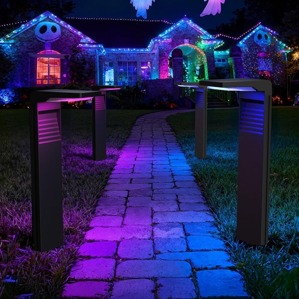 OUSFOT Farola Solar Exterior RGB con 8 Modos de Color, 2000 mAh Impermeable Luces Solares LED Exterior Jardin con 30 LED, Focos Solares para Pasillos, Fiestas, Navidad, Halloween, 4 Piezas