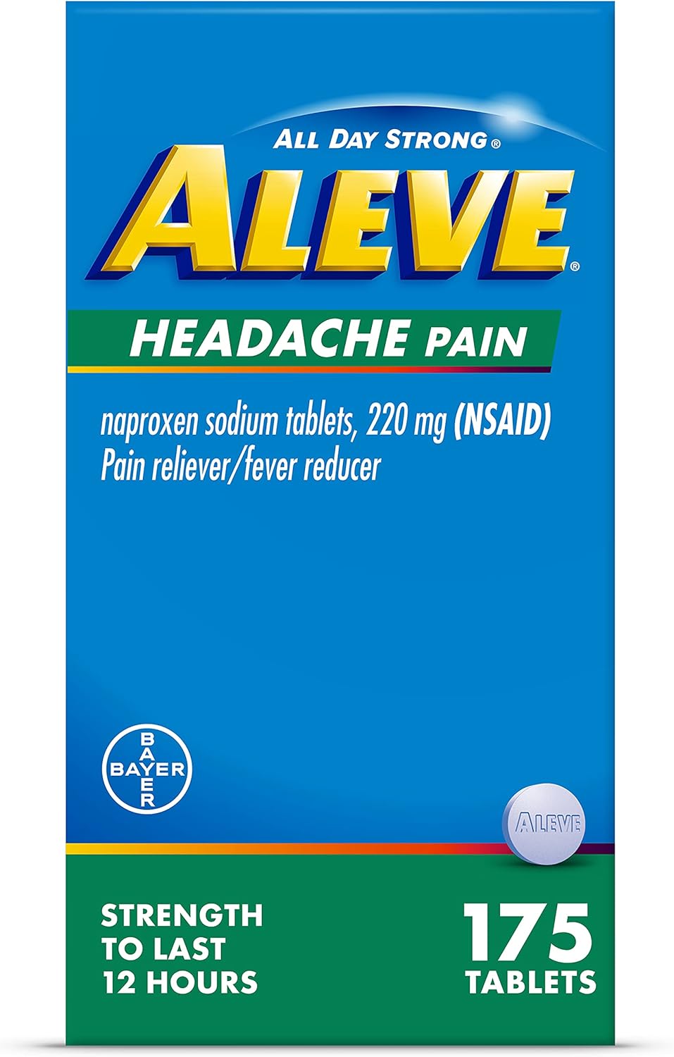 Aleve Headache Pain Tablets, Naproxen Sodium for Pain Relief ‐175 Count, 175 Count : Health & Household