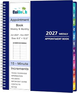 2027 Appointment Book - January - December 2027, Appointment Planner with Weekly & Monthly Spread, 8.5'' x 10.5'', Large, 15 Minute Increments, 2027 Daily Planner with Pockets, Tabs, Flexible Cover, Blue